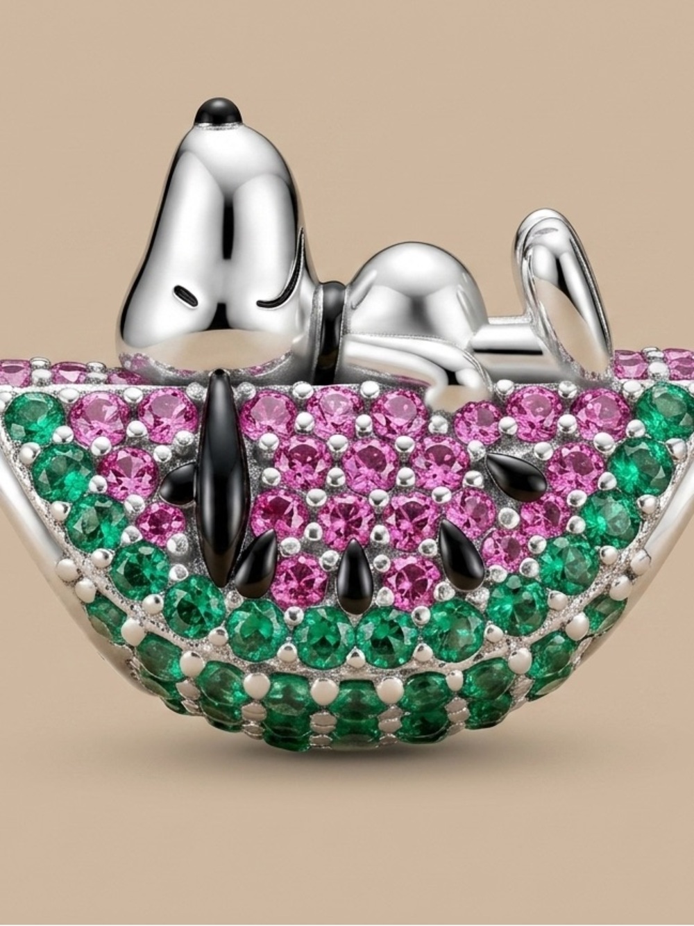 Sterling Silver Inspired Snoopy Watermelon Charm with Pink & Green Stones